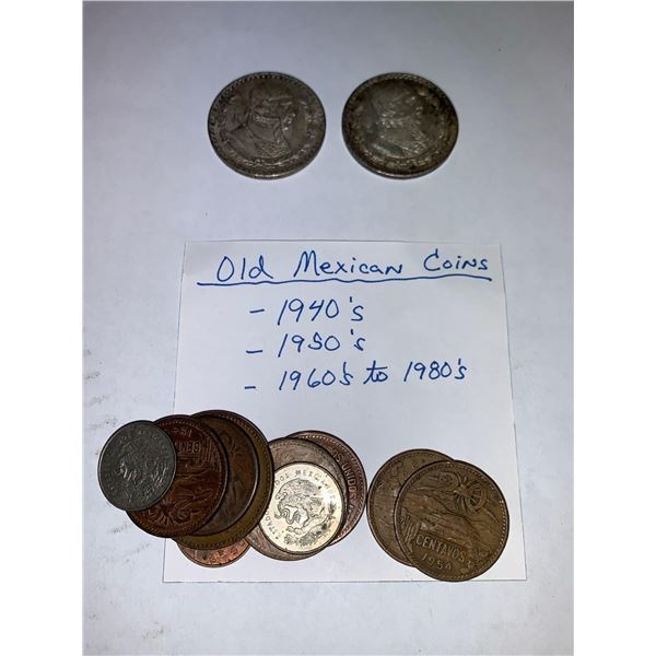 Lot of Vintage mexican coins including 2 Silver Aztec Coins
