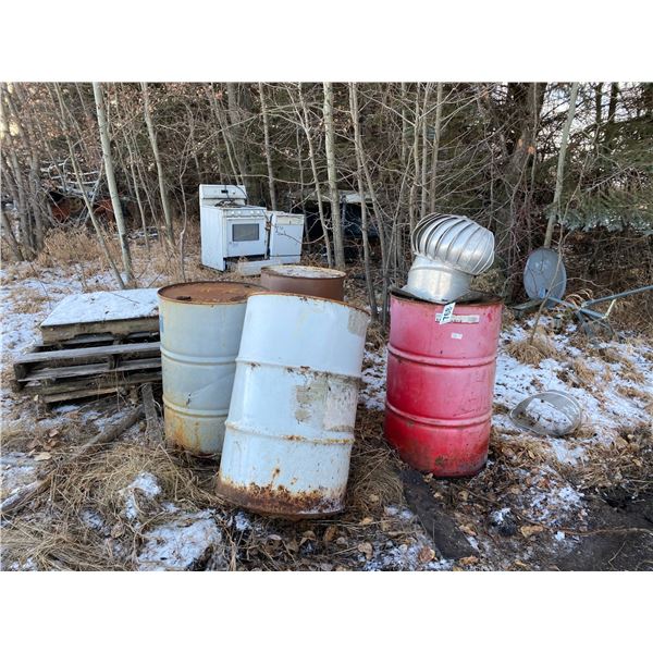 4- Barrels, whirly bird, misc. steel