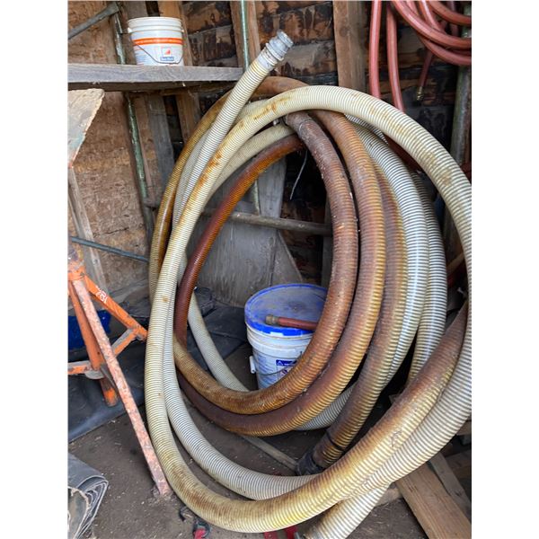 Scaffolding, hose, stands wood, canvases, steel packers & misc. inside granary