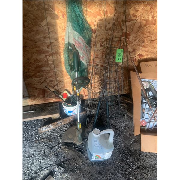 Round up, weed trimmer, cages, branch trimmer, rods