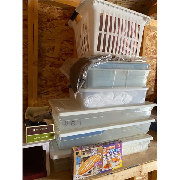 Plastic containers, moving pads, helmet, wiring, foam misc. on wall