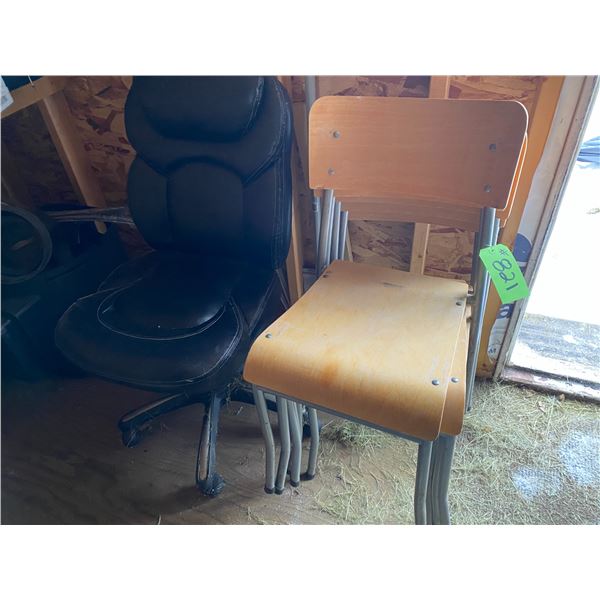 Black office chair, 5- stacking chairs & black tubs