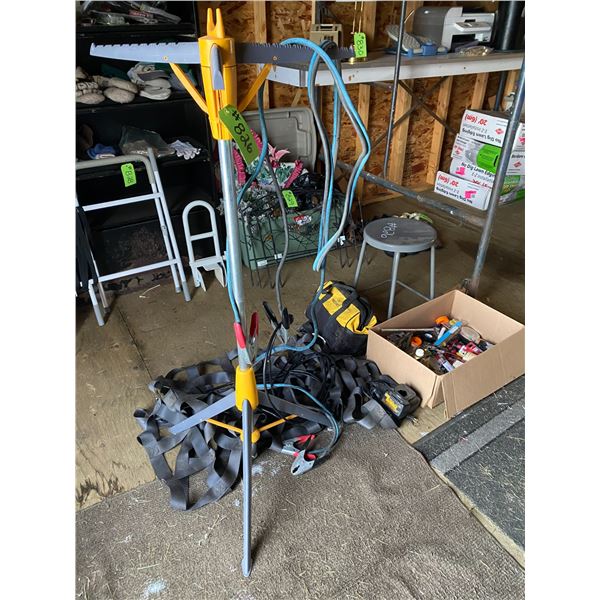 Stand, cables, truck bed net, stool & box of misc. tools
