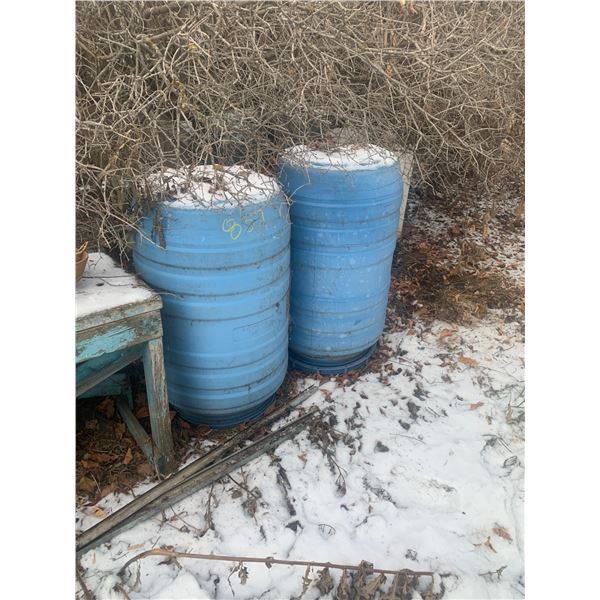 2- Barrels, table, hose reel, table