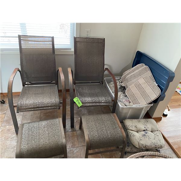 2- Sling stacking patio chairs c/w matching stools (one has a rip in the seat) & qty of various chai