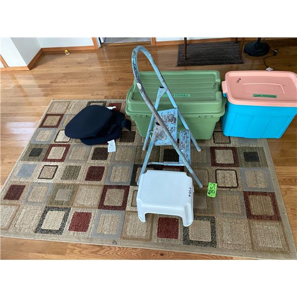 2- Totes c/w lids, step ladder, stool, 2- gel cushioned seats and a rug