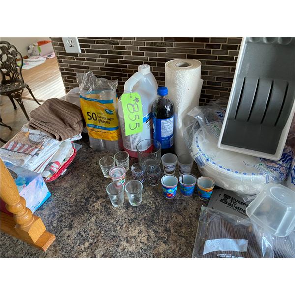 Qty of shot glasses, dish clothes, paper plates, plastic utensils, coasters, cupboard shelf, various