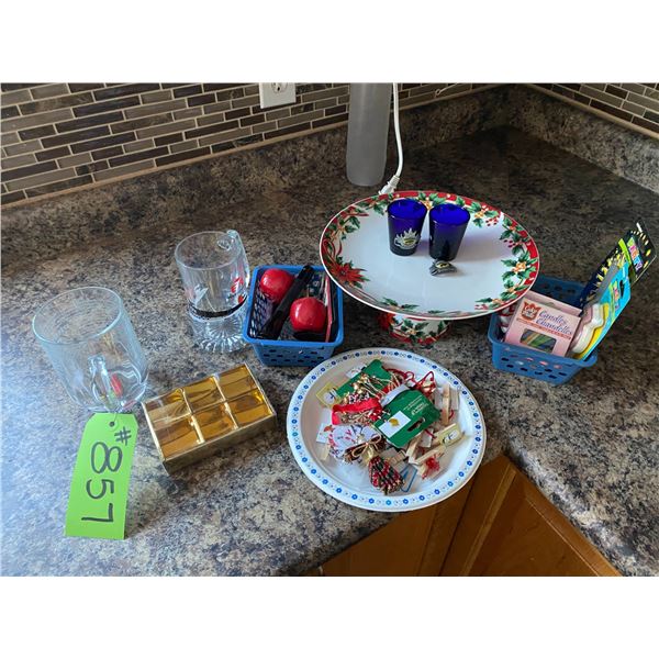 Qty of Christmas items, Christmas cake stand, birthday candles, 2- shot glasses and 2- glasses