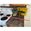 Image 1 : JD metal sign, JD match stick dispenser, Red barn bird feeder and a meter stick