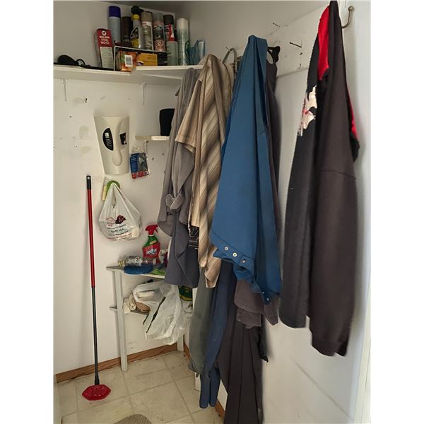 Contents in closet, qty of cleaning supplies, shirts, smocks, coveralls etc.