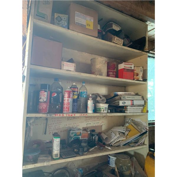 Misc. items on white shelf unit & chemicals on the bottom