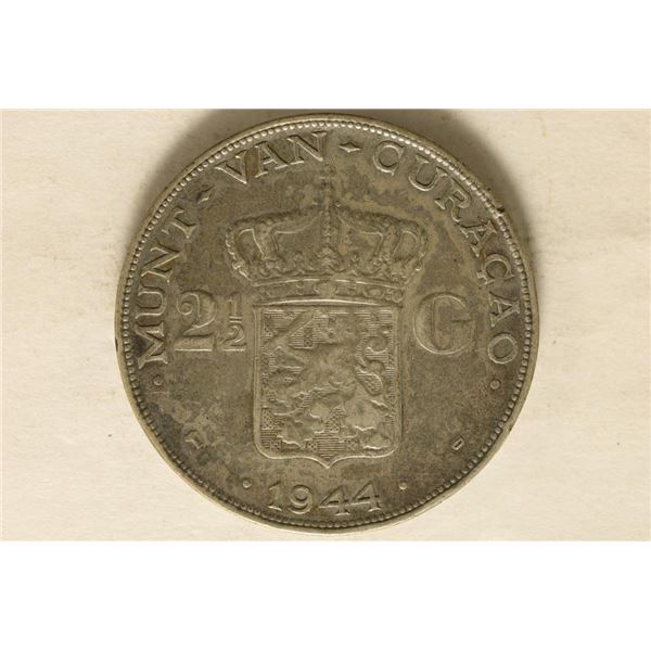 1944 NETHERLANDS-CURACAO SILVER 2 1/2 GULDENS