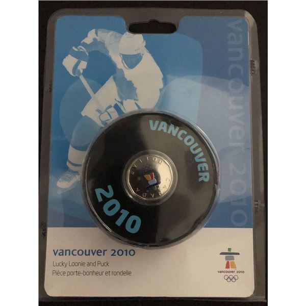 2010 VANCOUVER OLYMPICS GAME PUCK w/ LUCKY LOONIE