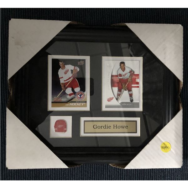Framed Gordie Howe (HOF) with 2 cards & pin