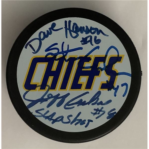 Hanson Brothers signed puck with 3 stuffed animals
