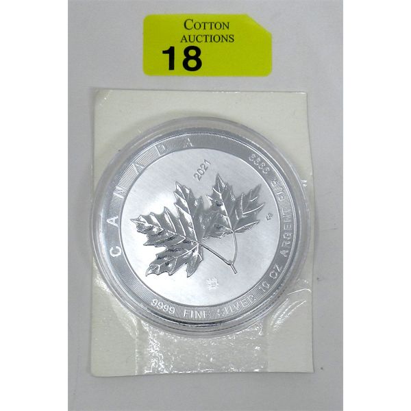 10 Oz .9999 Silver 2021 Maple Leaf Coin with Backer Board 