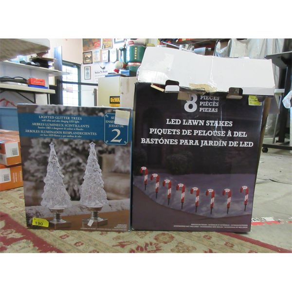 Set Of 2 Lighted Glitter Trees & 8 Piece LED Lawn Stakes