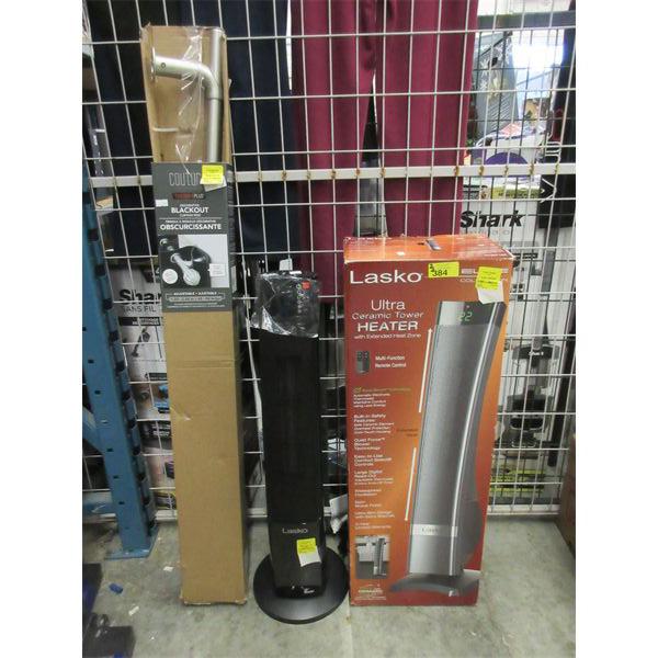 2 Lasko Ceramic Tower Heaters & 1 Curtain Rod