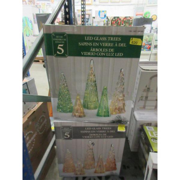2 Sets of 5 LED Illuminated Glass Trees