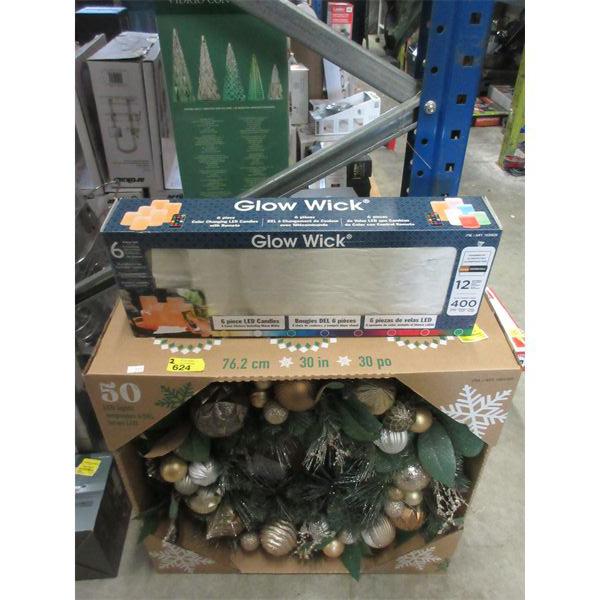 30" Illuminated Wreath & LED Candle Set