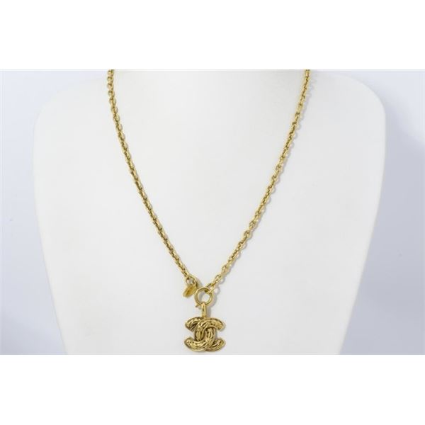 Chanel Gold-tone Metal CC Quilted Logo Pendant Necklace