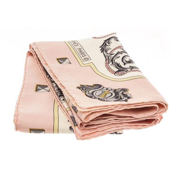 Hermes Pink White Print Silk Scarf