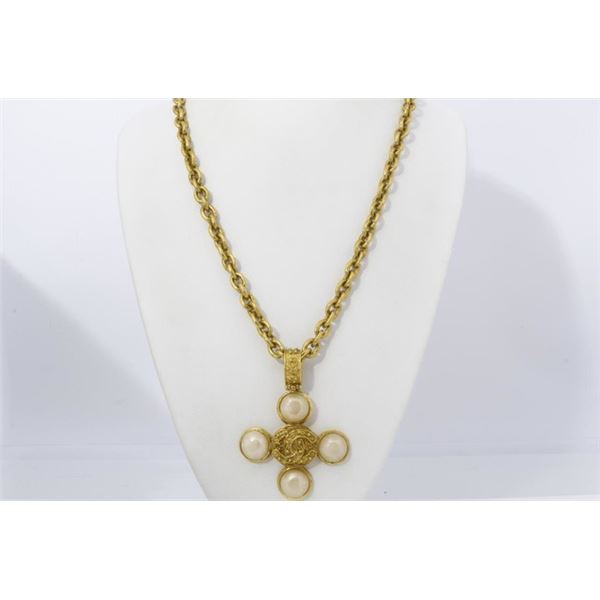 Chanel Gold-tone Meta CC Cross Faux Pearl Pendant Necklace