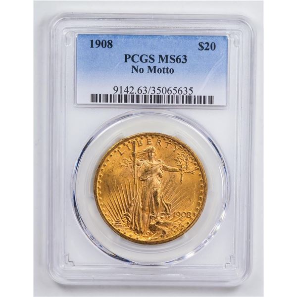 1908 $20 No Motto Double Eagle Gold Coin PCGS MS63