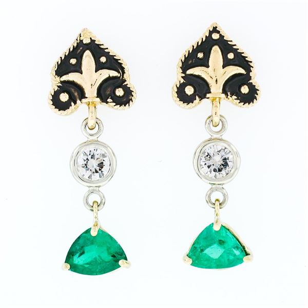 Vintage 14k Gold 1.28 ctw Trillion Emerald & Diamond Fleur De Lis Enamel Earring