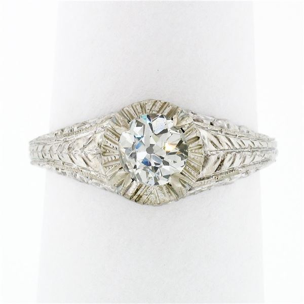 Vintage 14k White Gold 0.68 ctw Old Cut Diamond Solitaire Filigree Engagement Ri