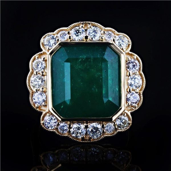 9.27 ctw Emerald and 1.25 ctw Diamond 18K Yellow Gold Ring (GIA CERTIFIED)