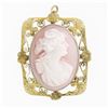 Image 1 : Antique Victorian 10k Gold Carved Pink Shell Cameo Brooch Pendant w/ Open Frame