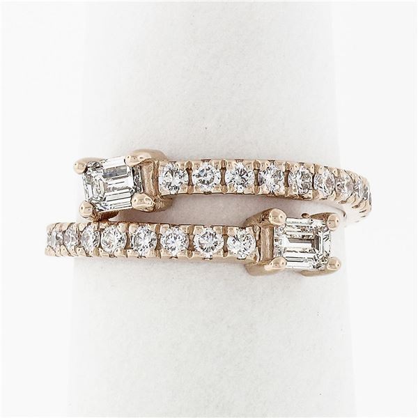 New 14k Rose Gold Emerald Cut & Round Diamond Moi et Toi Bypass Stack Band Ring