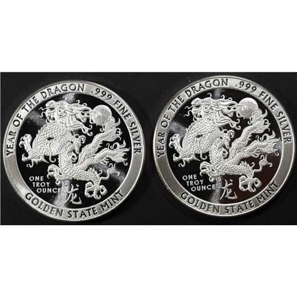 (2) 1 OZ .999 SILVER YEAR OF THE DRAGON ROUNDS