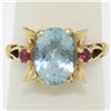 Image 1 : Retro 14k Yellow Gold 2.18 ctw Aquamarine Solitaire and Synthetic Ruby Ring