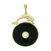 Image 1 : Vintage 14k Gold Diving Dolphin Bezel Black Jade Pierced Chinese Symbol Pendant