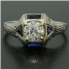 Image 2 : Antique Art Deco 18k White Gold 0.65 ctw European Diamond and Sapphire Ring