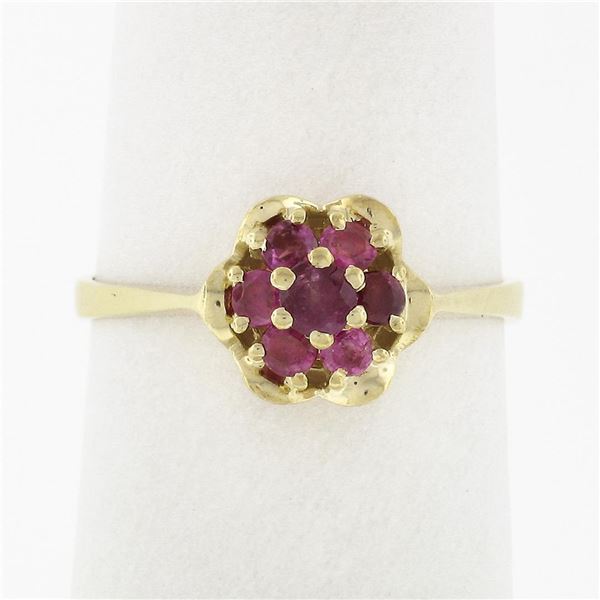 Vintage 18k Yellow Gold 0.37 ctw Round Ruby Wavy Halo Flower Cluster Petite Ring