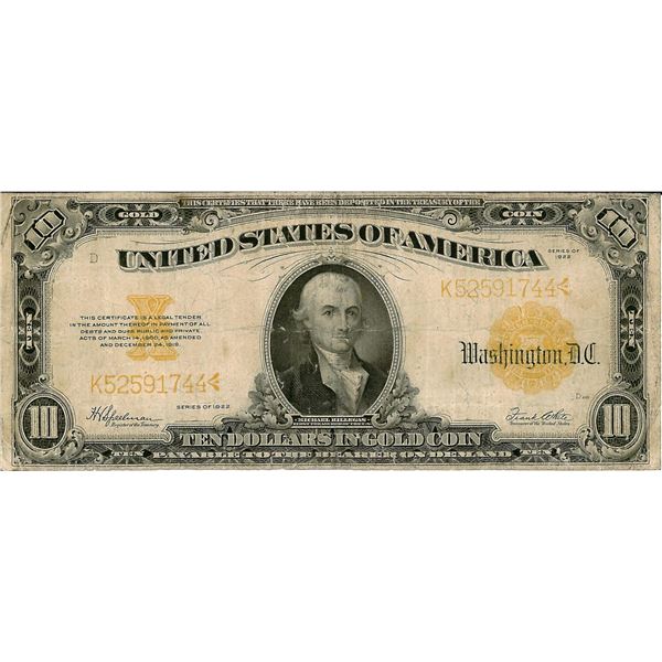 1922 $10 Gold Certificate Bank Note