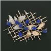 Image 2 : Vintage 14K Multi Tone Gold Blue Lapis & Diamond Textured Leaves Grid Brooch Pin