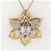 Image 5 : Vintage 14k Two Tone Gold Diamond Ruby Florentine Finish Flower Pendant Necklace