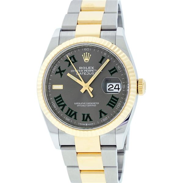 Rolex Mens 18K Two Tone Yellow Gold "Wimbledon" Gray Roman Dial Datejust 36MM Wi