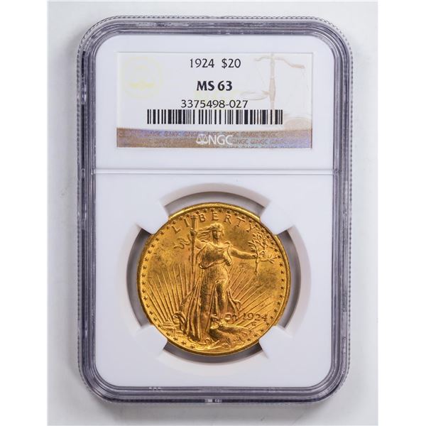 1924 $20 Double Eagle Gold Coin NGC MS63