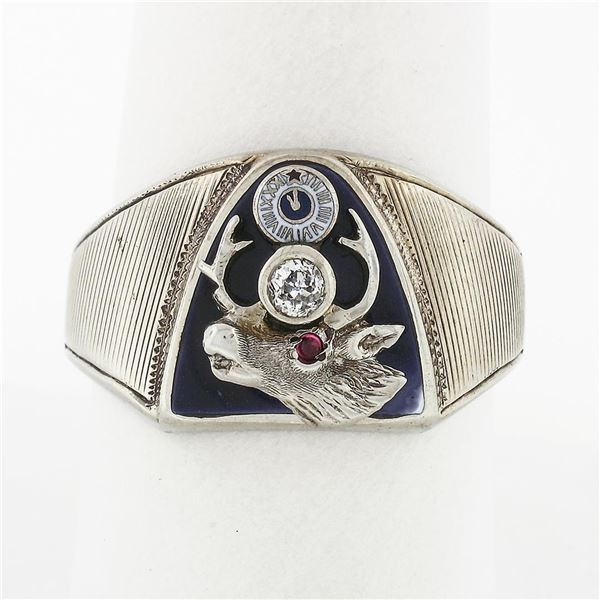 Men's Antique Art Deco 14k White Gold Diamond Ruby & Blue Enamel Elk Moose Ring