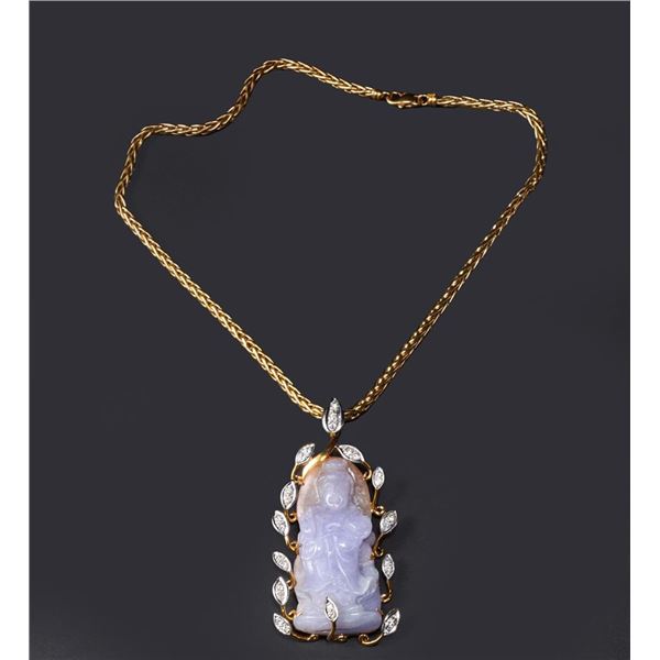 18K Gold, Carved Jadeite & Diamond Pendant & Necklace by Victor Loo