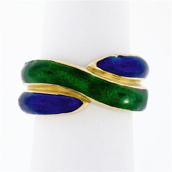 Vintage Solid 18K Yellow Gold Blue & Green Enamel Wide Intertwined Band Ring