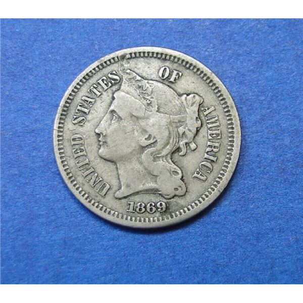 1869 CORONET HEAD NICKEL 3 CENT PIECE F12