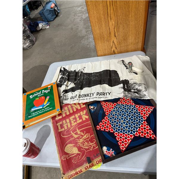 Material pin the tail on the donkey and schooldays album and Chinese checkers board