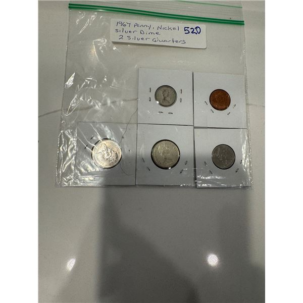 1967 penny, nickle, silver dime, 2 silver quarters
