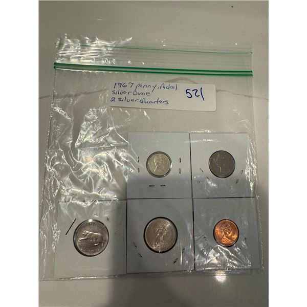 1967 penny, nickle, silver dime, 2 silver quarters